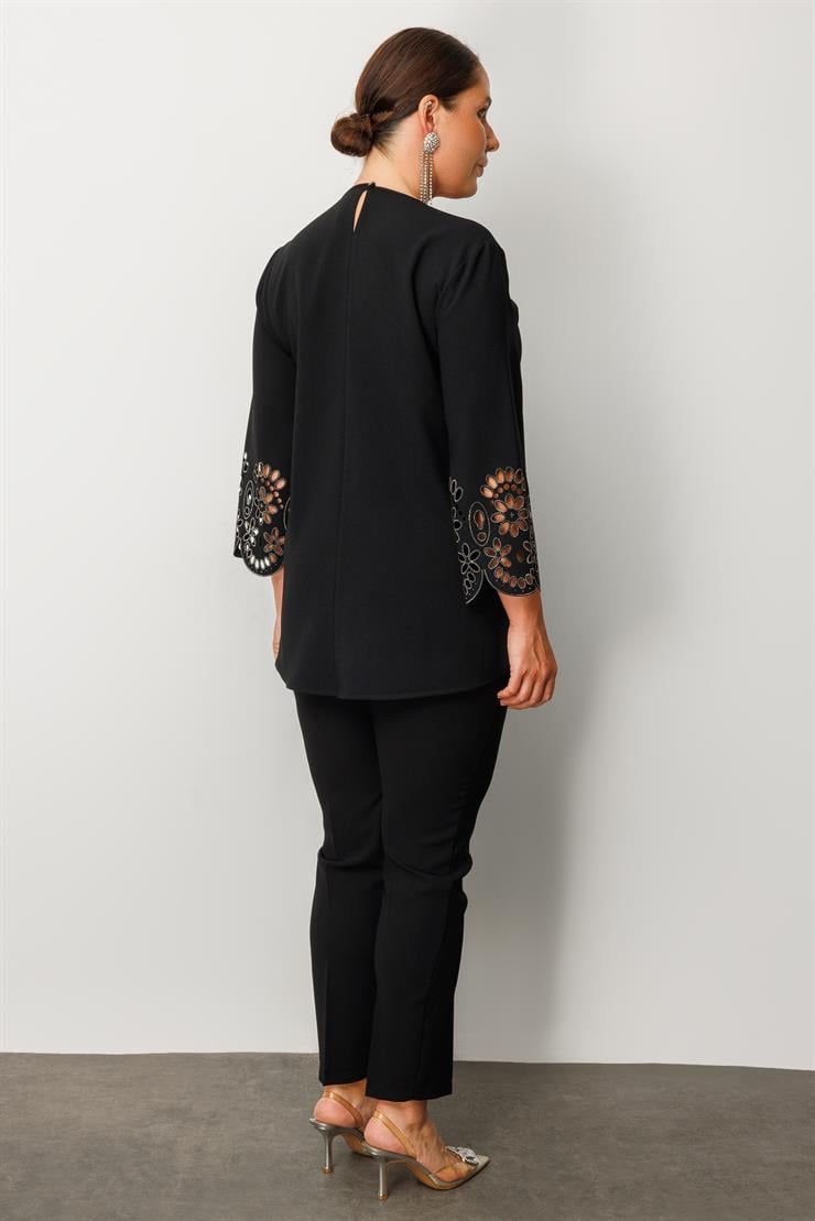 Modailgi  Kol Ağzı Lazerli Taşlı Bluz Siyah