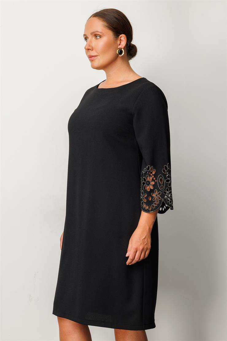 Modailgi  Kol Ağzı Lazerli Taşlı Elbise Siyah