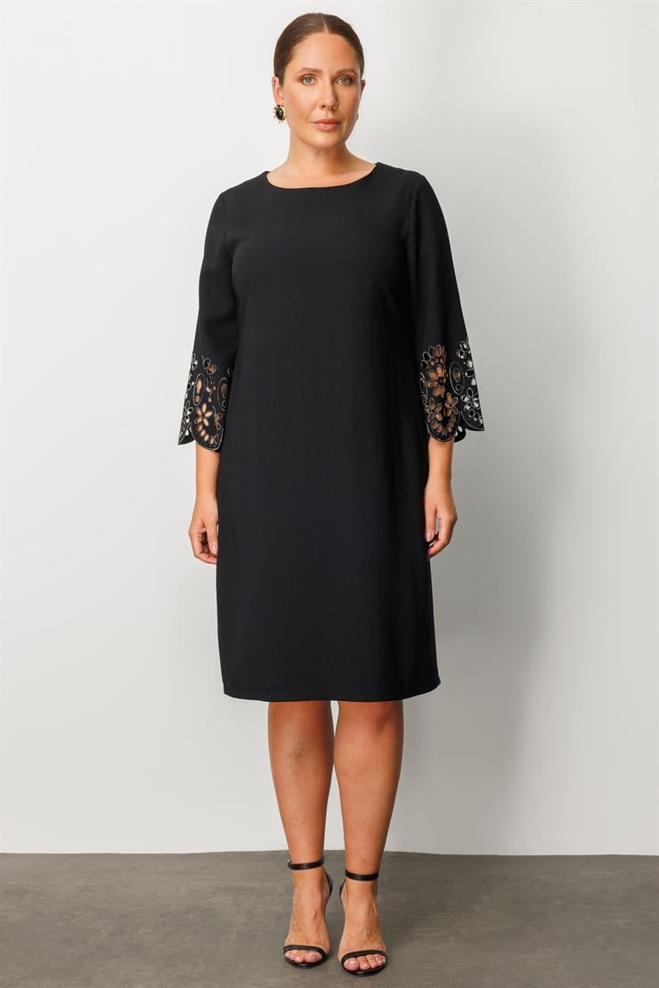 Modailgi  Kol Ağzı Lazerli Taşlı Elbise Siyah