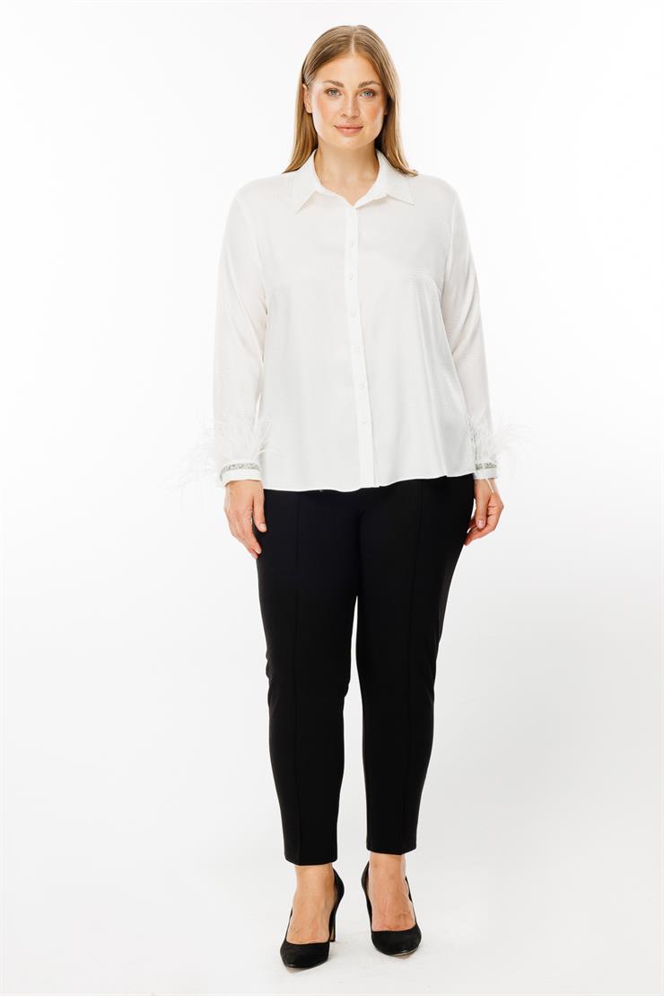 Modailgi  Kol Manşeti Otrişli Puanlı Jakar Gömlek Ekru