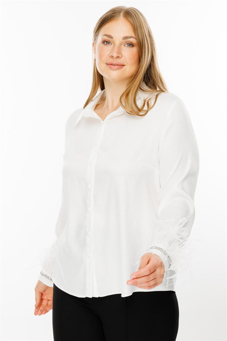 Modailgi  Kol Manşeti Otrişli Puanlı Jakar Gömlek Ekru
