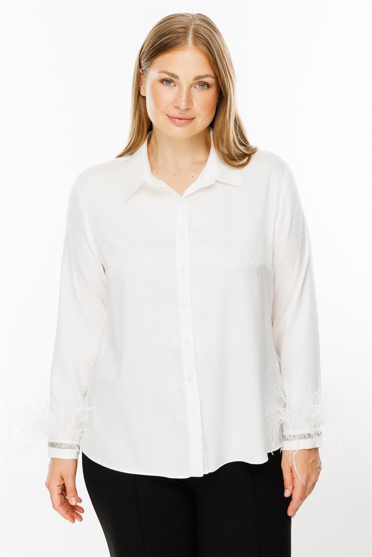 Modailgi  Kol Manşeti Otrişli Puanlı Jakar Gömlek Ekru