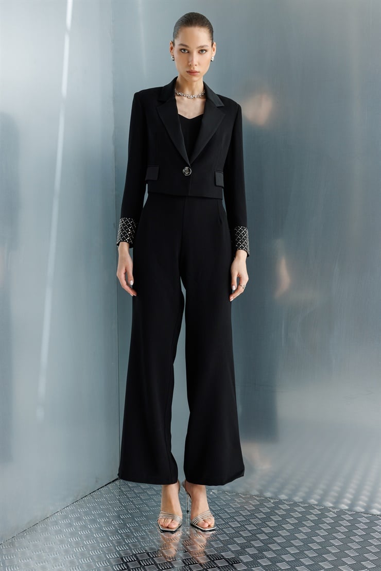 Modailgi  Kol Manşeti Taşlı Tek Düğme Krop Ceket - 40053 Siyah