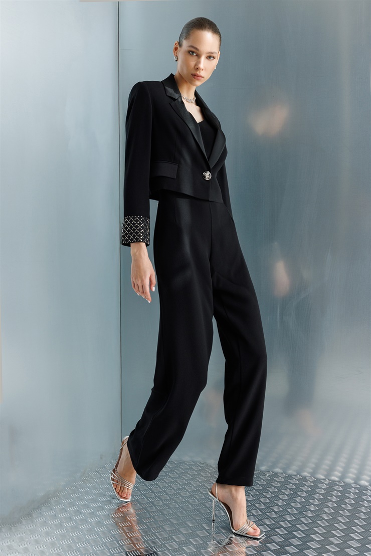 Modailgi  Kol Manşeti Taşlı Tek Düğme Krop Ceket - 40053 Siyah