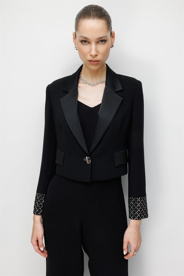 Modailgi  Kol Manşeti Taşlı Tek Düğme Krop Ceket - 40053 Siyah