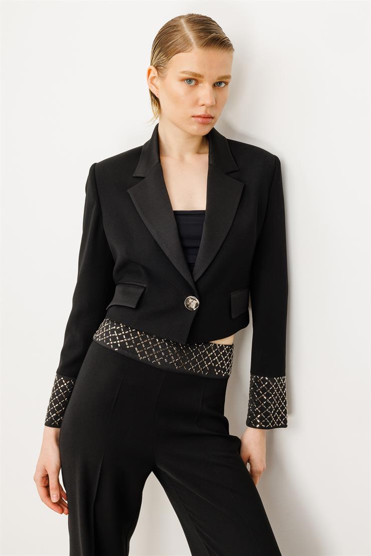 Modailgi  Kol Manşeti Taşlı Tek Düğme Krop Ceket - 40053 Siyah