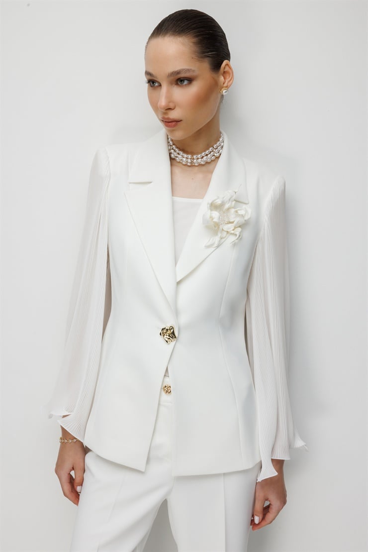 Modailgi  Kol Pliseli Yakası Çiçek Broşlu Tek Düğme Ceket - 45025 Ekru