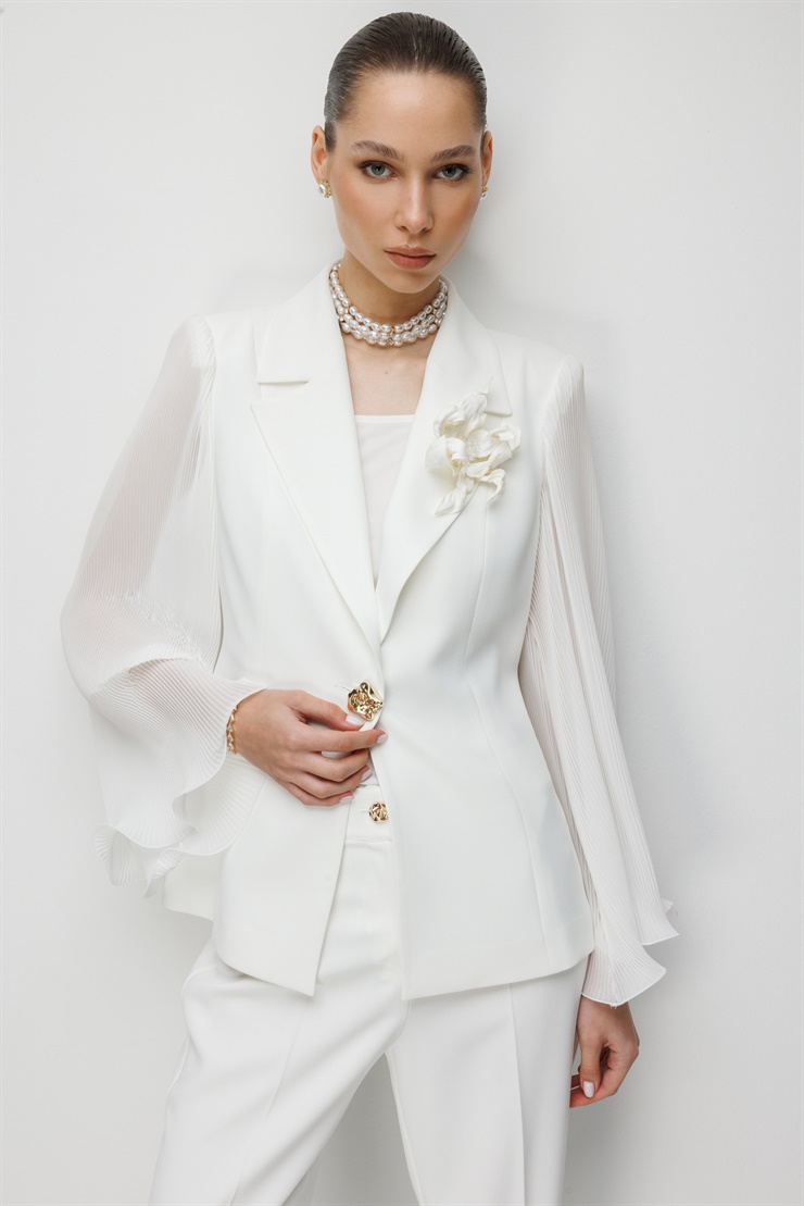 Modailgi  Kol Pliseli Yakası Çiçek Broşlu Tek Düğme Ceket - 45025 Ekru