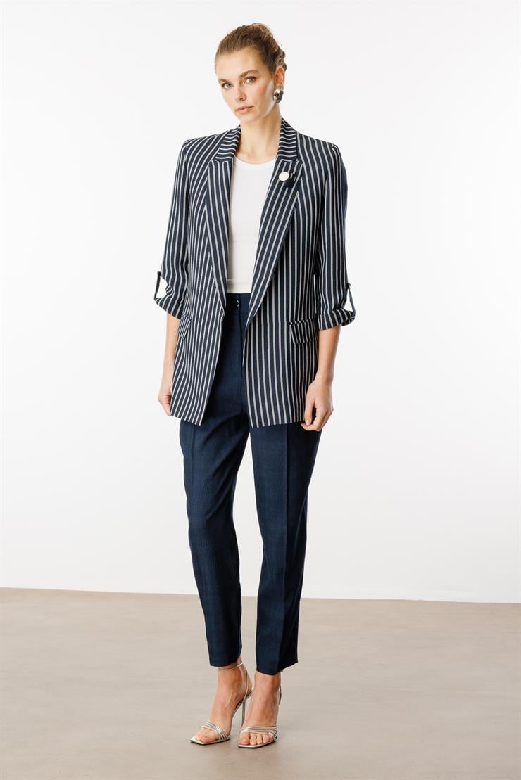 Modailgi  Kolları Apolet ve Şerit Detaylı İnce Astarlı Çizgili Ceket Lacivert