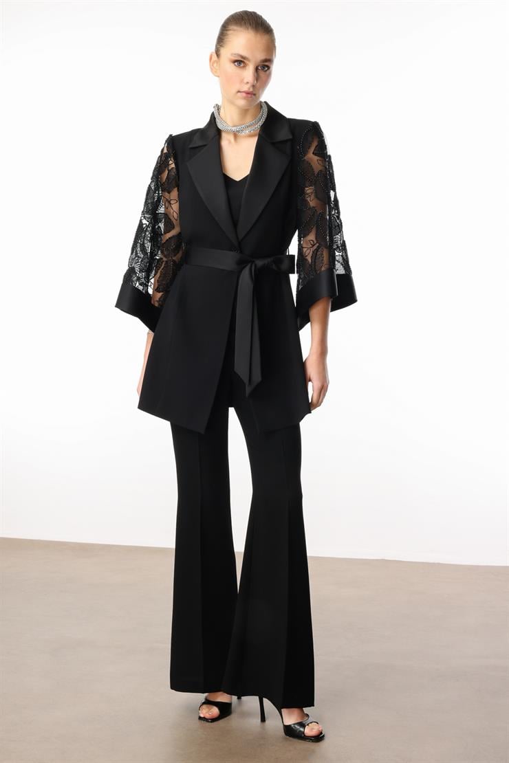 Modailgi  Kolları Boncuk ve Güpürlü Uzun Ceket Siyah