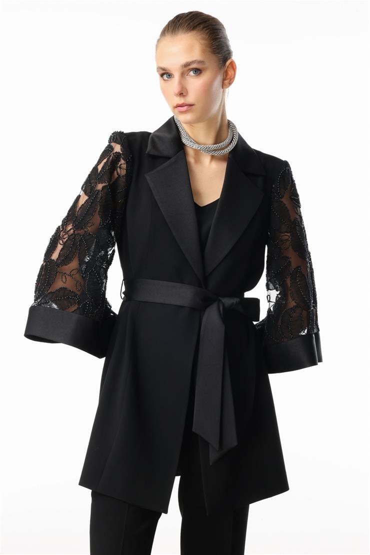 Modailgi  Kolları Boncuk ve Güpürlü Uzun Ceket Siyah