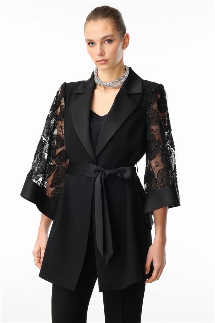 Modailgi  Kolları Boncuk ve Güpürlü Uzun Ceket Siyah