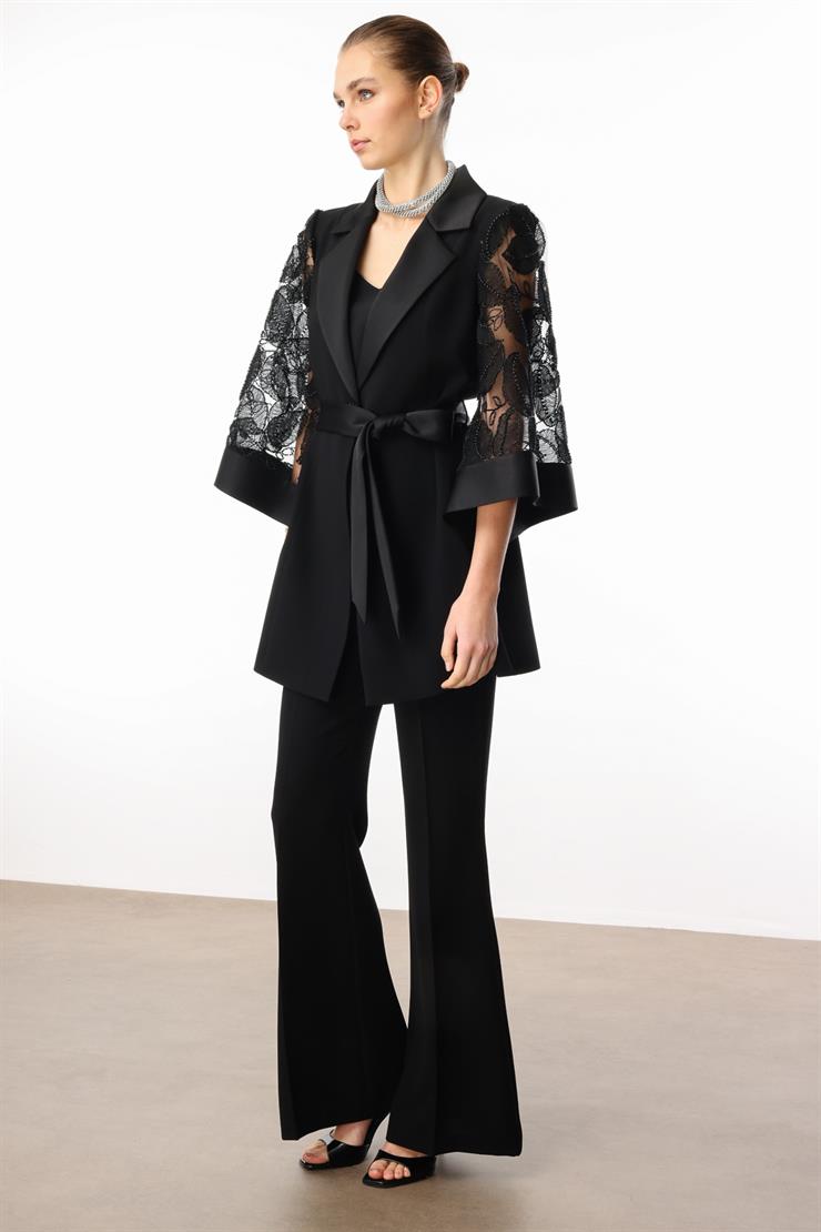 Modailgi  Kolları Boncuk ve Güpürlü Uzun Ceket Siyah