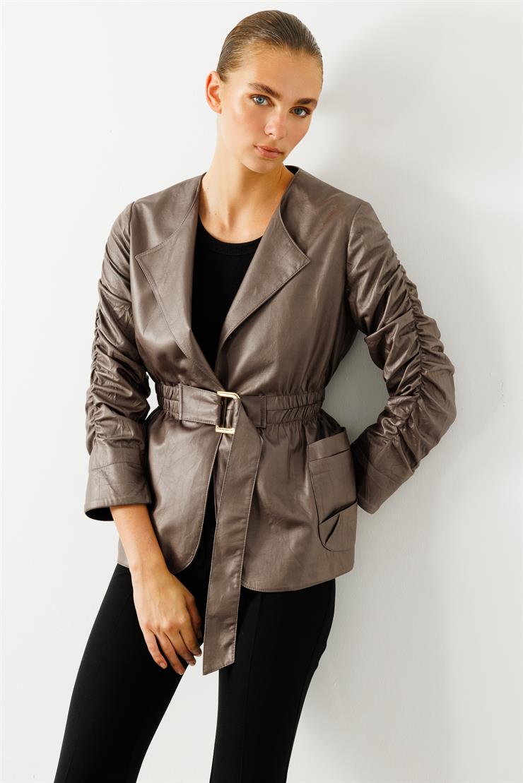 Modailgi  Kolları Büzgü Detaylı Kısa Deri Ceket Gri