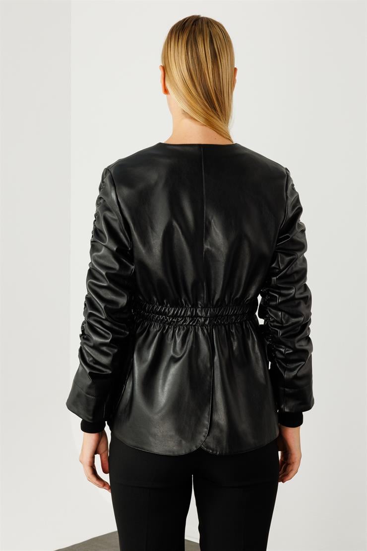 Modailgi  Kolları Büzgü Detaylı Kısa Deri Ceket Siyah