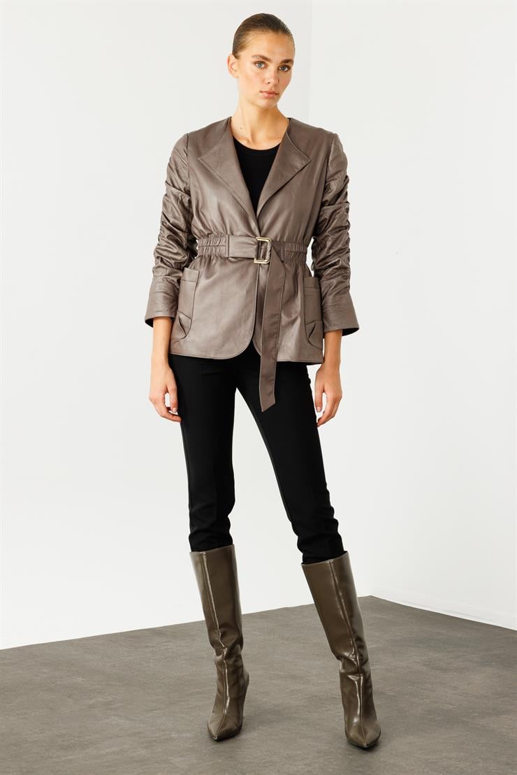 Modailgi  Kolları Büzgü Detaylı Kısa Deri Ceket Gri