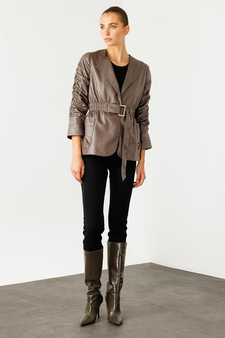 Modailgi  Kolları Büzgü Detaylı Kısa Deri Ceket Gri