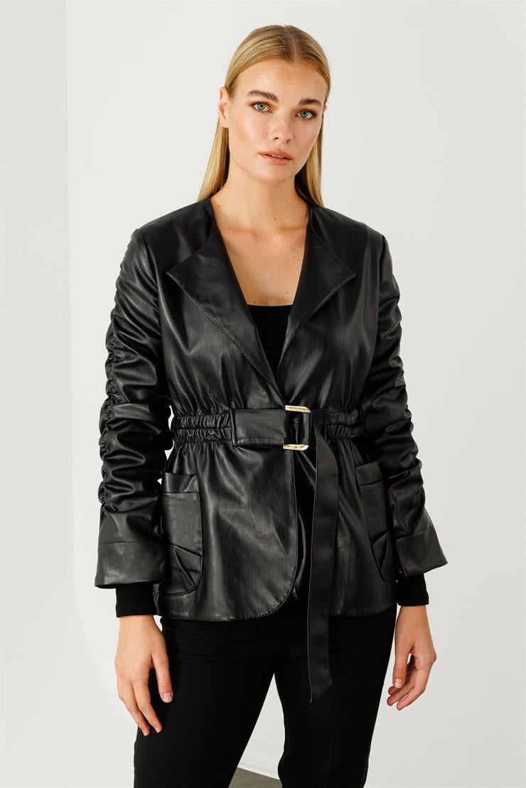 Modailgi  Kolları Büzgü Detaylı Kısa Deri Ceket Siyah
