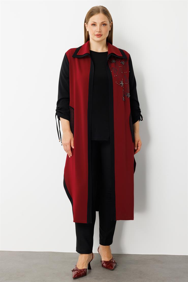 Modailgi  Kolları Büzgülü File Cep Detaylı Baskılı Uzun İkili Takım Bordo