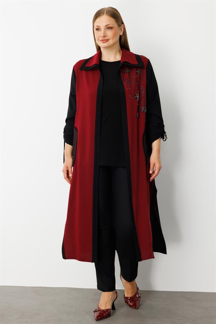 Modailgi  Kolları Büzgülü File Cep Detaylı Baskılı Uzun İkili Takım Bordo