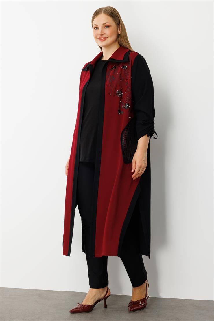 Modailgi  Kolları Büzgülü File Cep Detaylı Baskılı Uzun İkili Takım Bordo