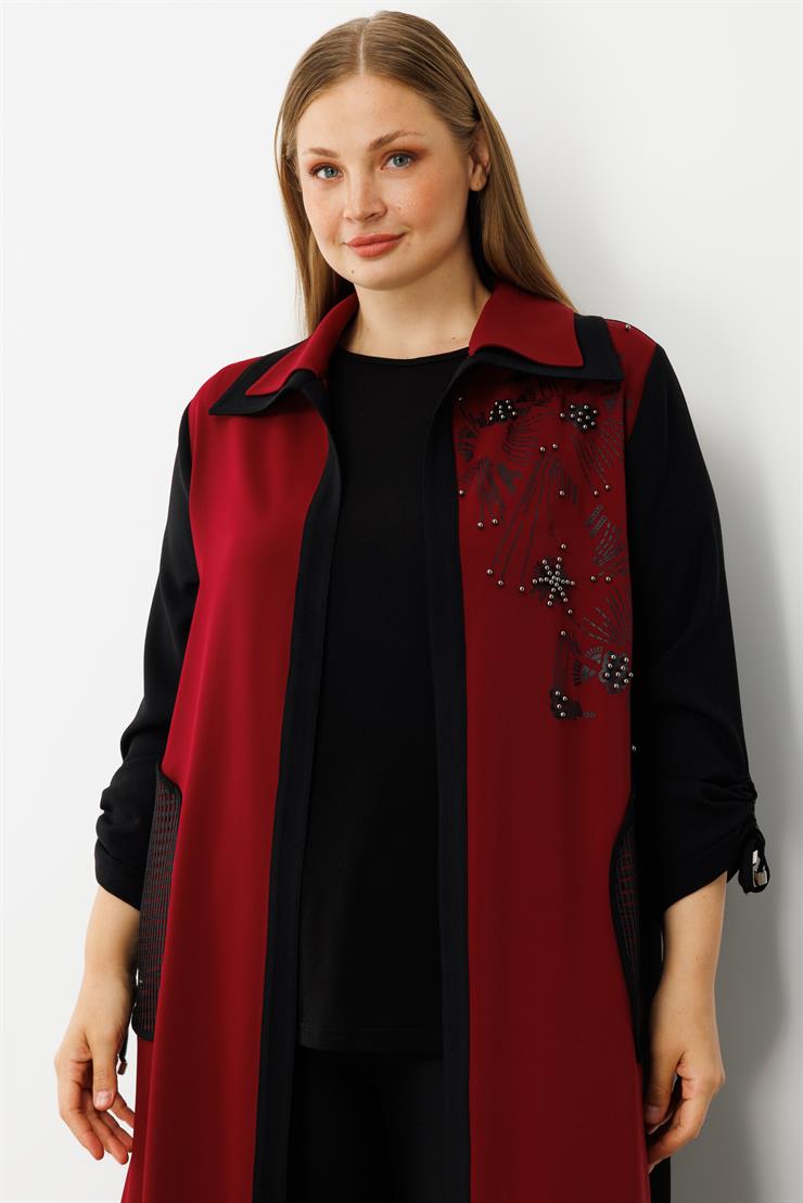 Modailgi  Kolları Büzgülü File Cep Detaylı Baskılı Uzun İkili Takım Bordo