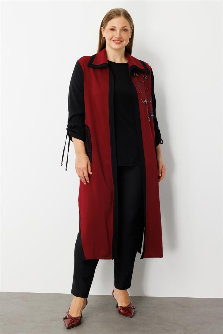 Modailgi  Kolları Büzgülü File Cep Detaylı Baskılı Uzun İkili Takım Bordo