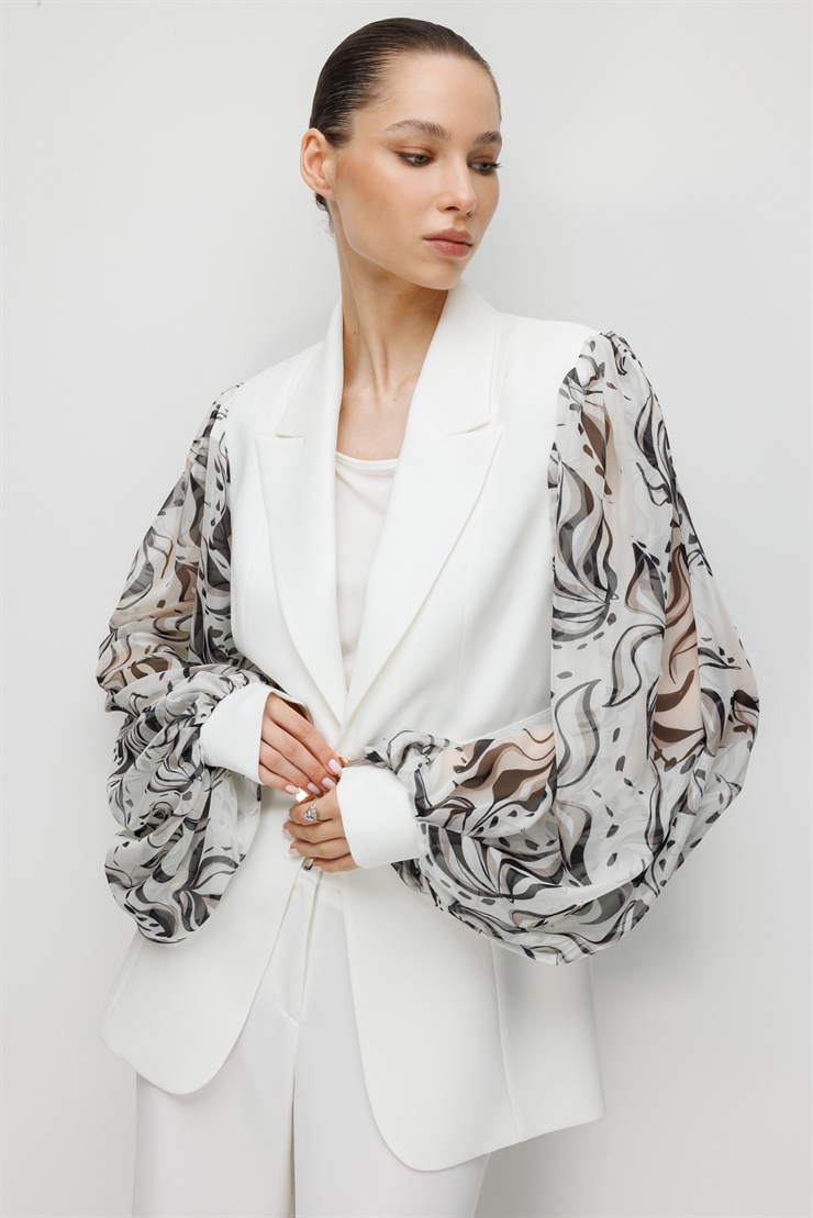 Modailgi  Kolları Desenli Şifon Kombinli Ceket - 45043 Ekru