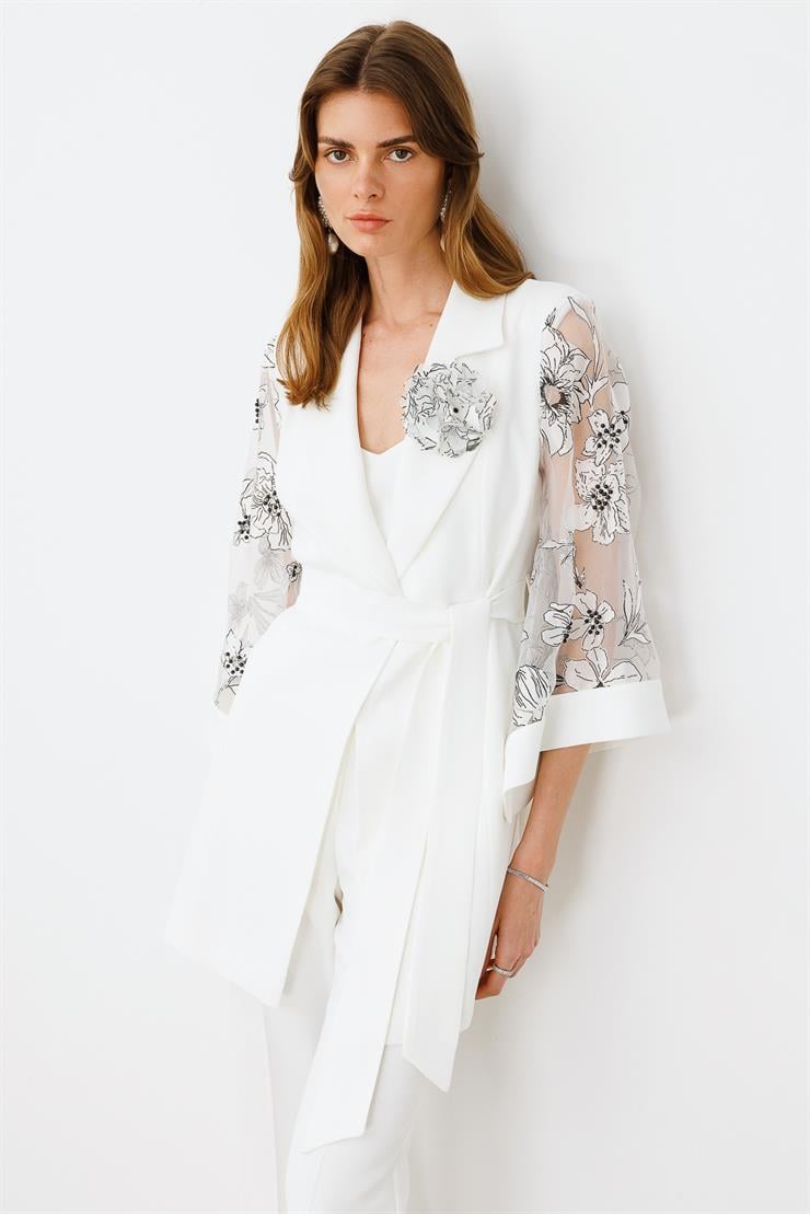 Modailgi  Kolları Evaze Çiçek Desenli Taş İşlemeli Uzun Ceket Ekru
