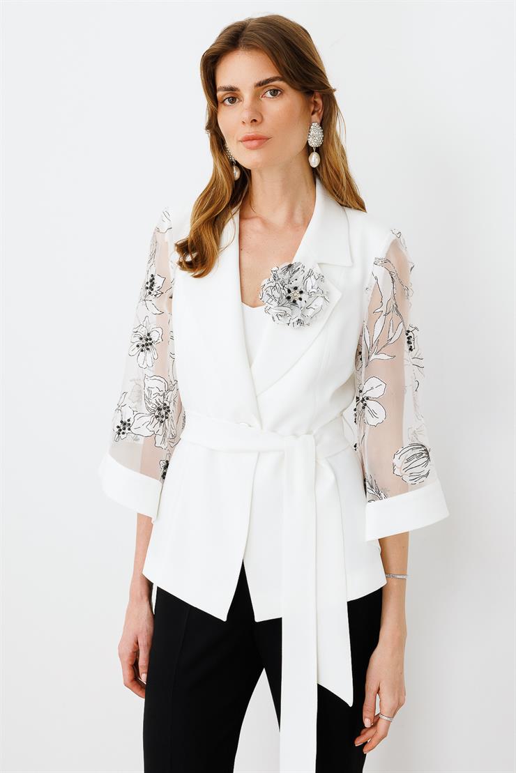 Modailgi  Kolları Evaze Çiçek Desenli Taş İşlemeli Uzun Ceket Ekru