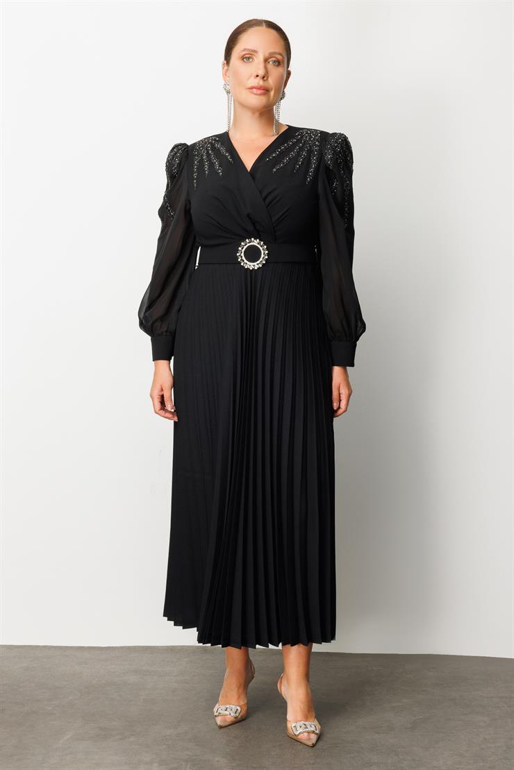 Modailgi  Kolları Omuzları Taşlı Beli Kemerli Piliseli Uzun Elbise Siyah