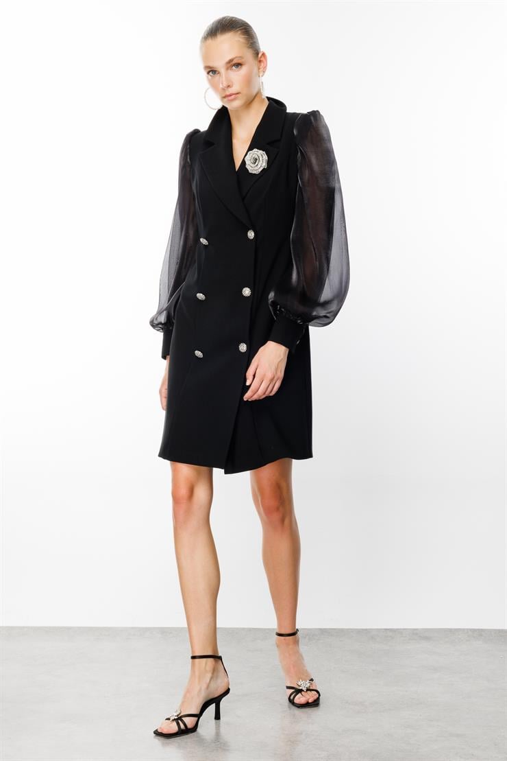 Modailgi  Kolları Organzeli Yakası Gül Broşlu Kruvaze Elbise Siyah