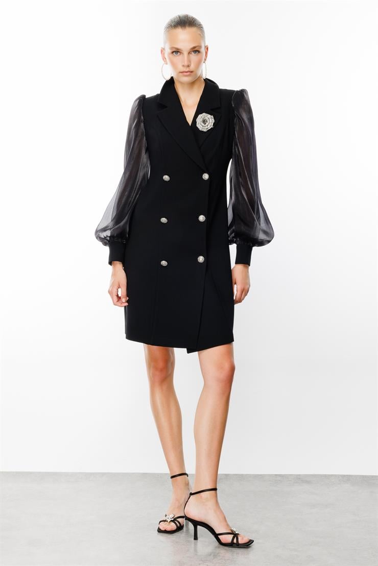 Modailgi  Kolları Organzeli Yakası Gül Broşlu Kruvaze Elbise Siyah