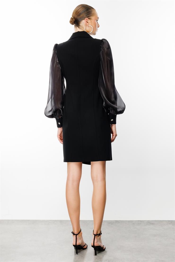 Modailgi  Kolları Organzeli Yakası Gül Broşlu Kruvaze Elbise Siyah