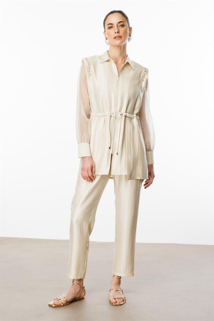 Modailgi  Kolları Organze Tüllü Fermuar Kapamalı Tunik Bej