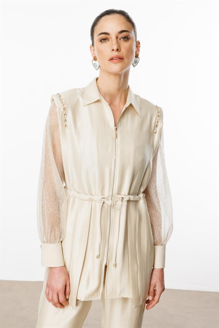 Modailgi  Kolları Organze Tüllü Fermuar Kapamalı Tunik Bej