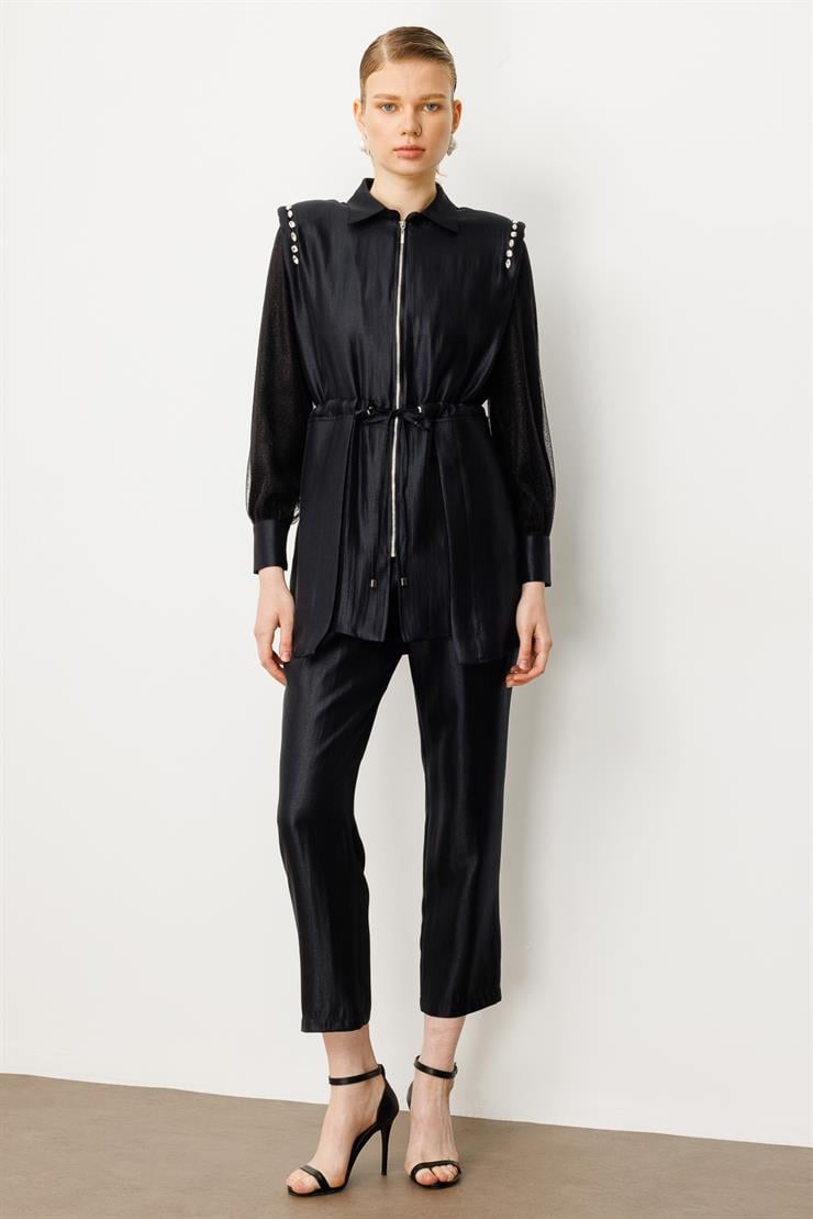 Modailgi  Kolları Organze Tüllü Fermuar Kapamalı Tunik Siyah