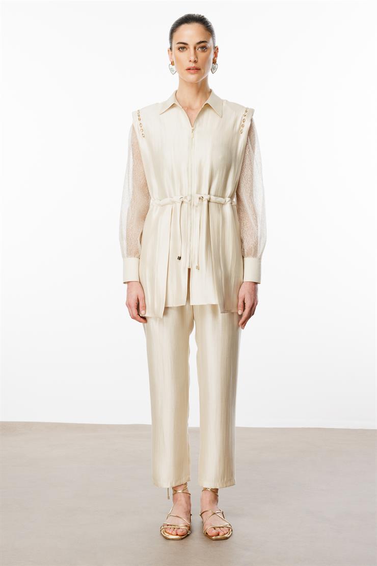 Modailgi  Kolları Organze Tüllü Fermuar Kapamalı Tunik Bej