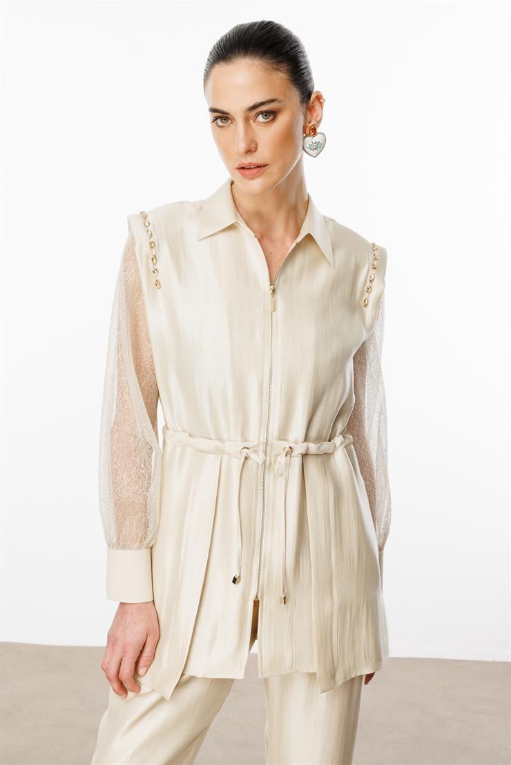 Modailgi  Kolları Organze Tüllü Fermuar Kapamalı Tunik Bej