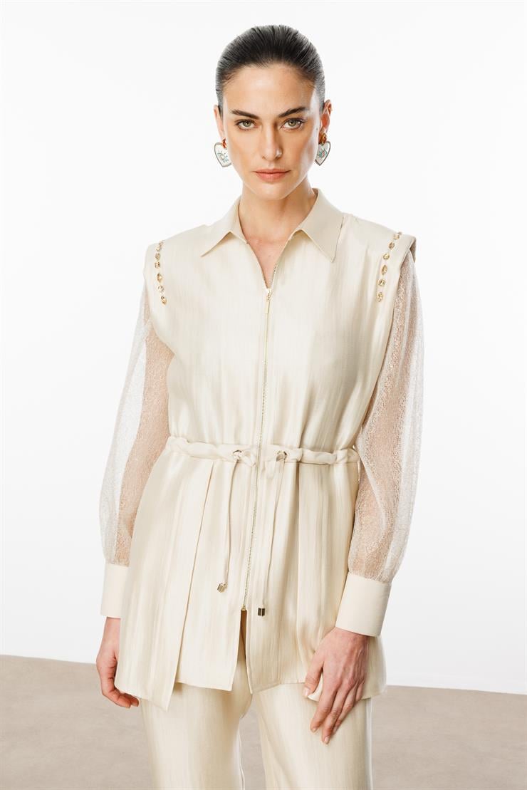 Modailgi  Kolları Organze Tüllü Fermuar Kapamalı Tunik Bej