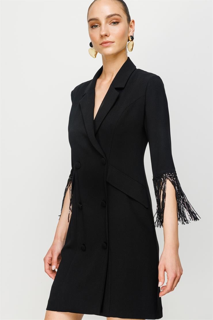 Modailgi  Kolları Payet Püsküllü Kruvaze Elbise Siyah