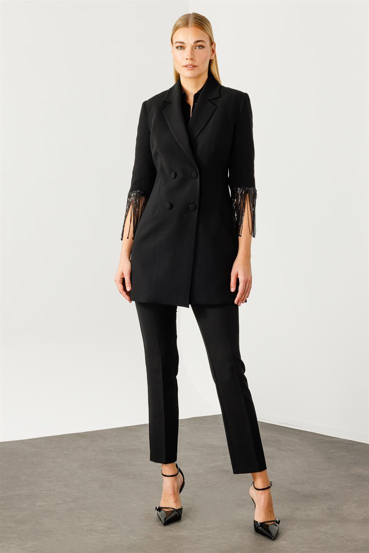 Modailgi  Kolları Boncuk Püsküllü Kruvaze Ceket Siyah