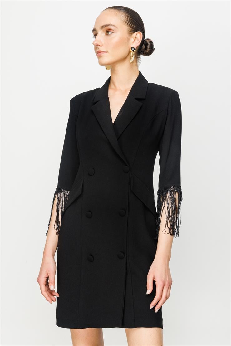 Modailgi  Kolları Payet Püsküllü Kruvaze Elbise Siyah