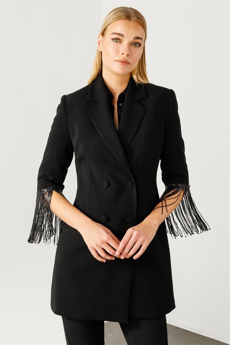 Modailgi  Kolları Boncuk Püsküllü Kruvaze Ceket Siyah