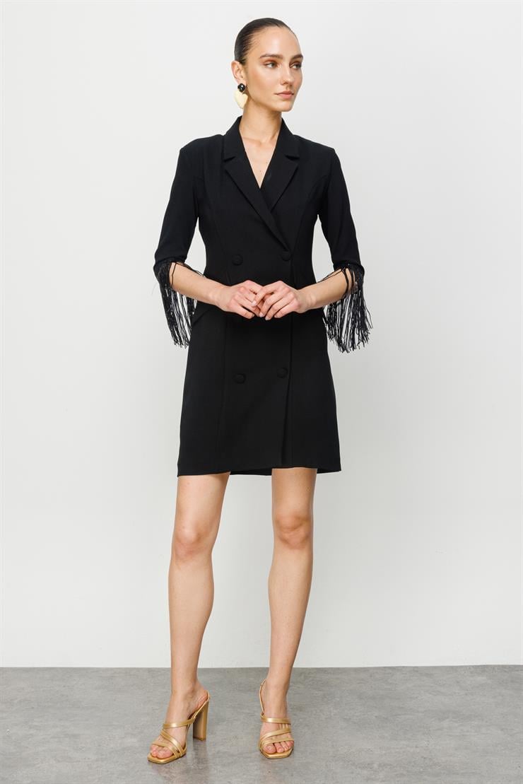 Modailgi  Kolları Payet Püsküllü Kruvaze Elbise Siyah