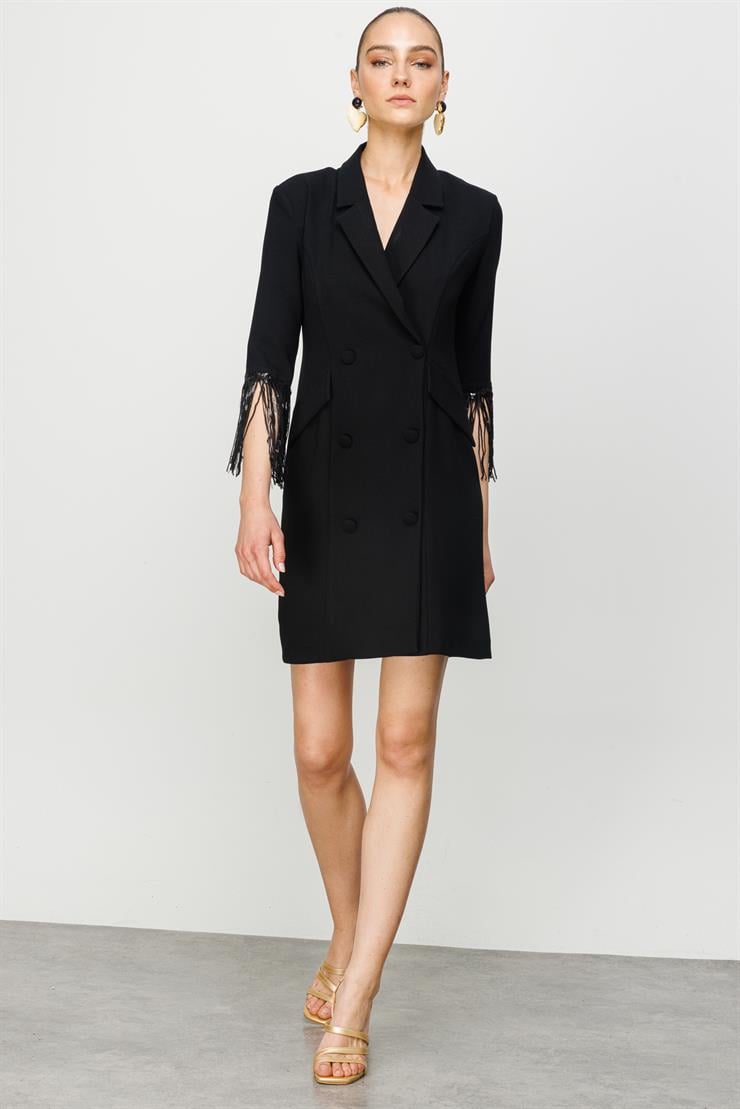 Modailgi  Kolları Payet Püsküllü Kruvaze Elbise Siyah