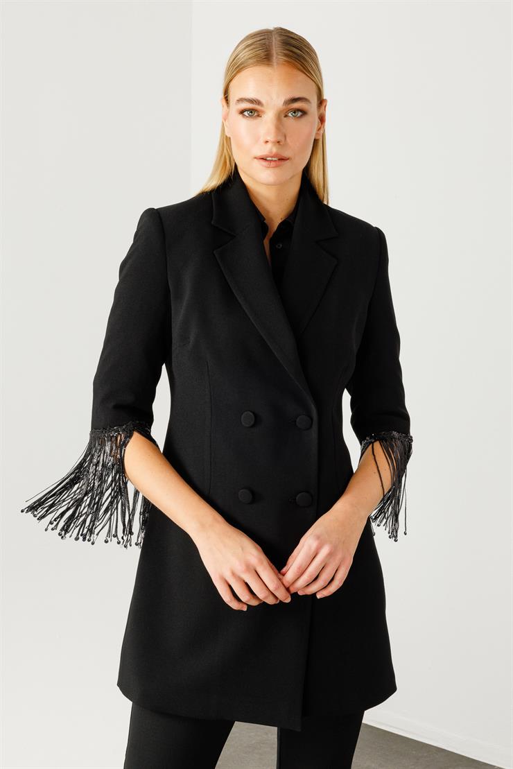 Modailgi  Kolları Boncuk Püsküllü Kruvaze Ceket Siyah
