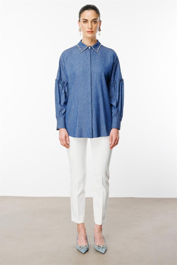 Modailgi  Kolları Pile Detaylı Yakası Taş İşlemeli Taşlı Tencel Gömlek Lacivert