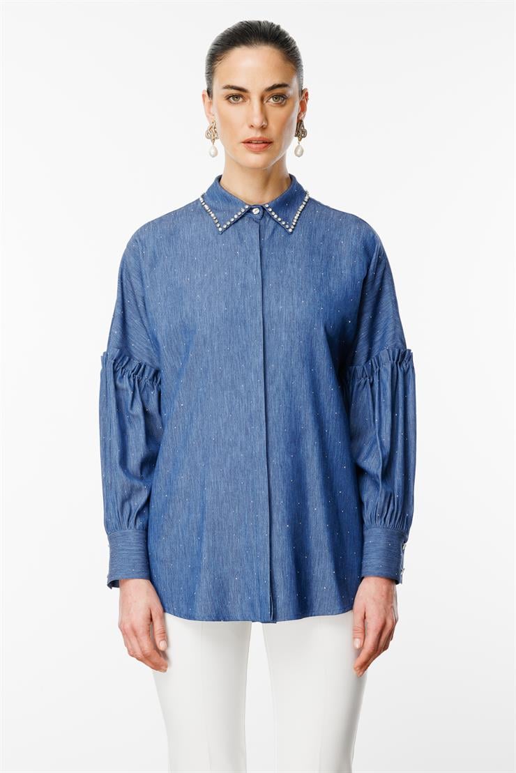 Modailgi  Kolları Pile Detaylı Yakası Taş İşlemeli Taşlı Tencel Gömlek Lacivert