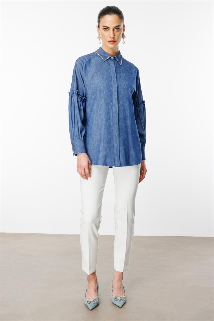 Modailgi  Kolları Pile Detaylı Yakası Taş İşlemeli Taşlı Tencel Gömlek Lacivert